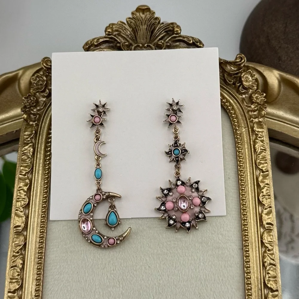 Asymmetric Moon & Sun Drop Earrings – Pink & Turquoise Crystals - Picture 1 of 7
